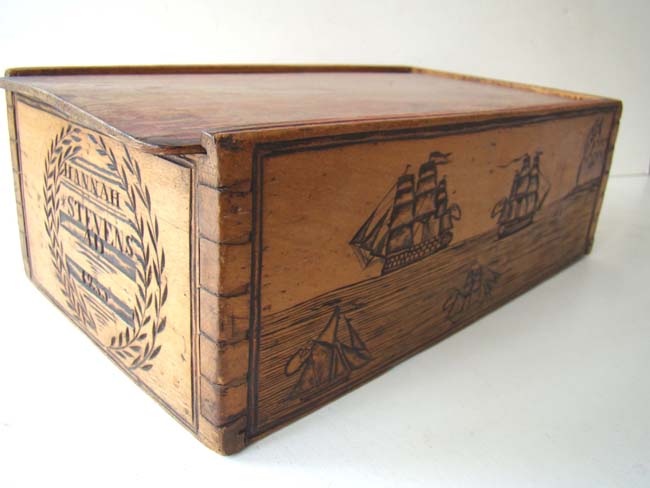 A charming Sailor carved Ditty box inscribed "HANNAH STEVENS, AD 1833"